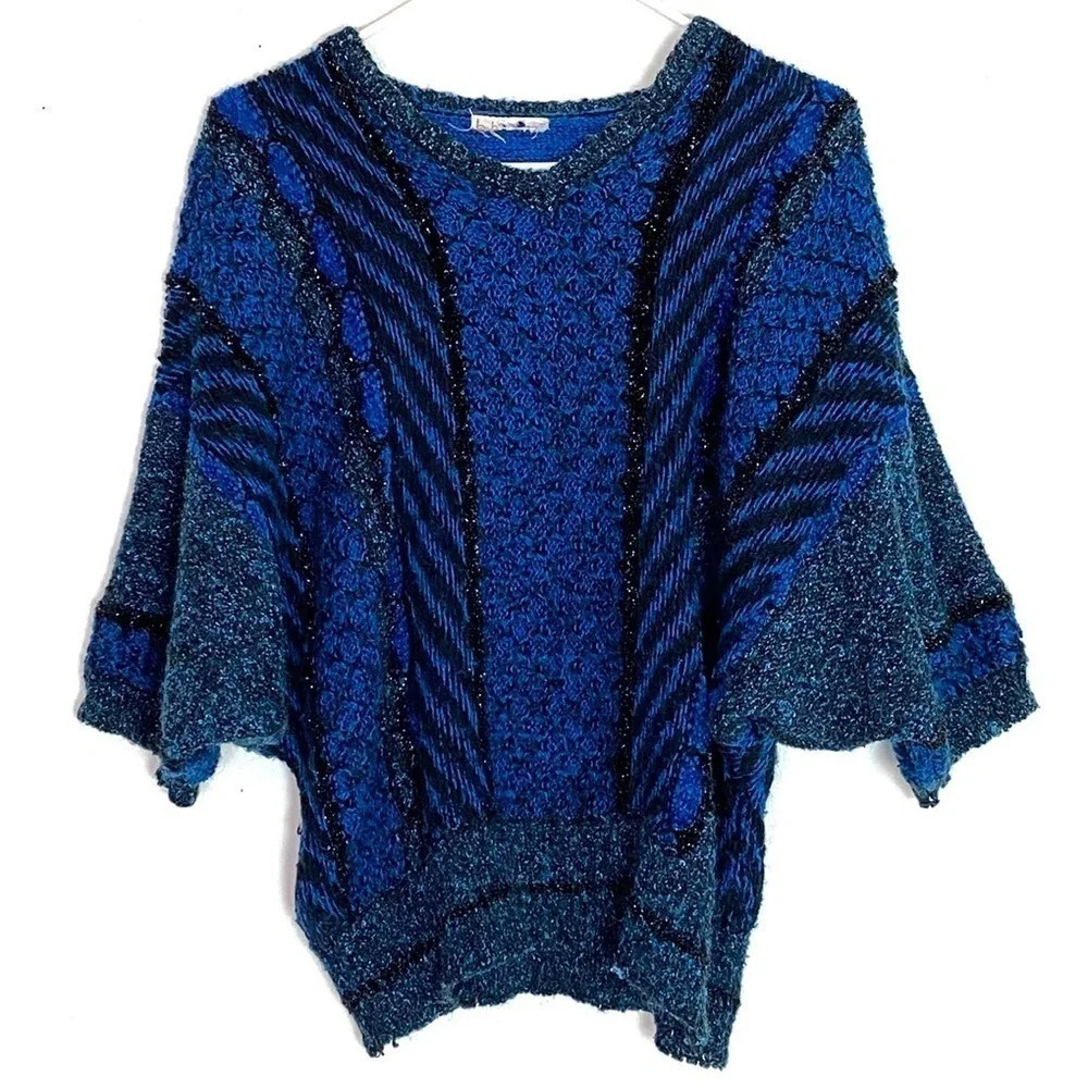 Vintage 80s Sweater Womens Size Small Dolman Half Sleeve Pullover Blue Black